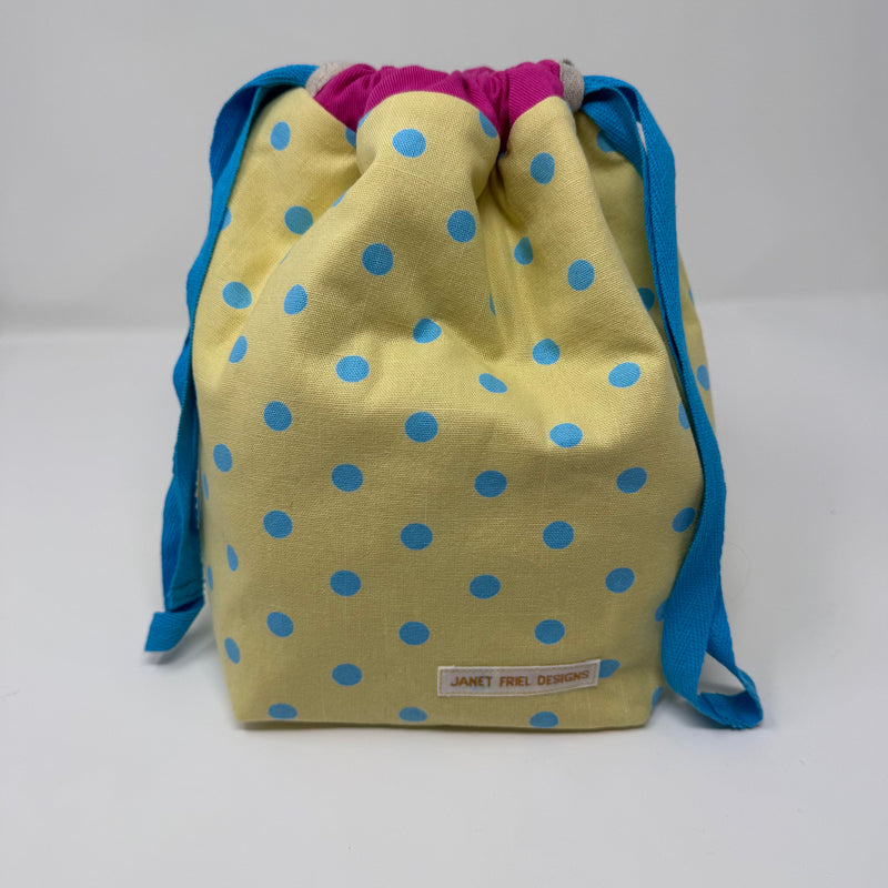 Medium Handmade Drawstring Project Bag – Bright Polka Dots