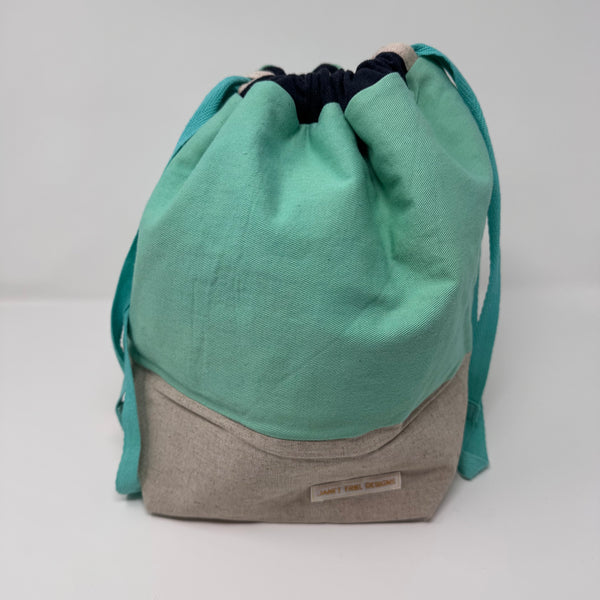 Large Handmade Drawstring Project Bag – Aqua Hand-dyed Cotton/Linen